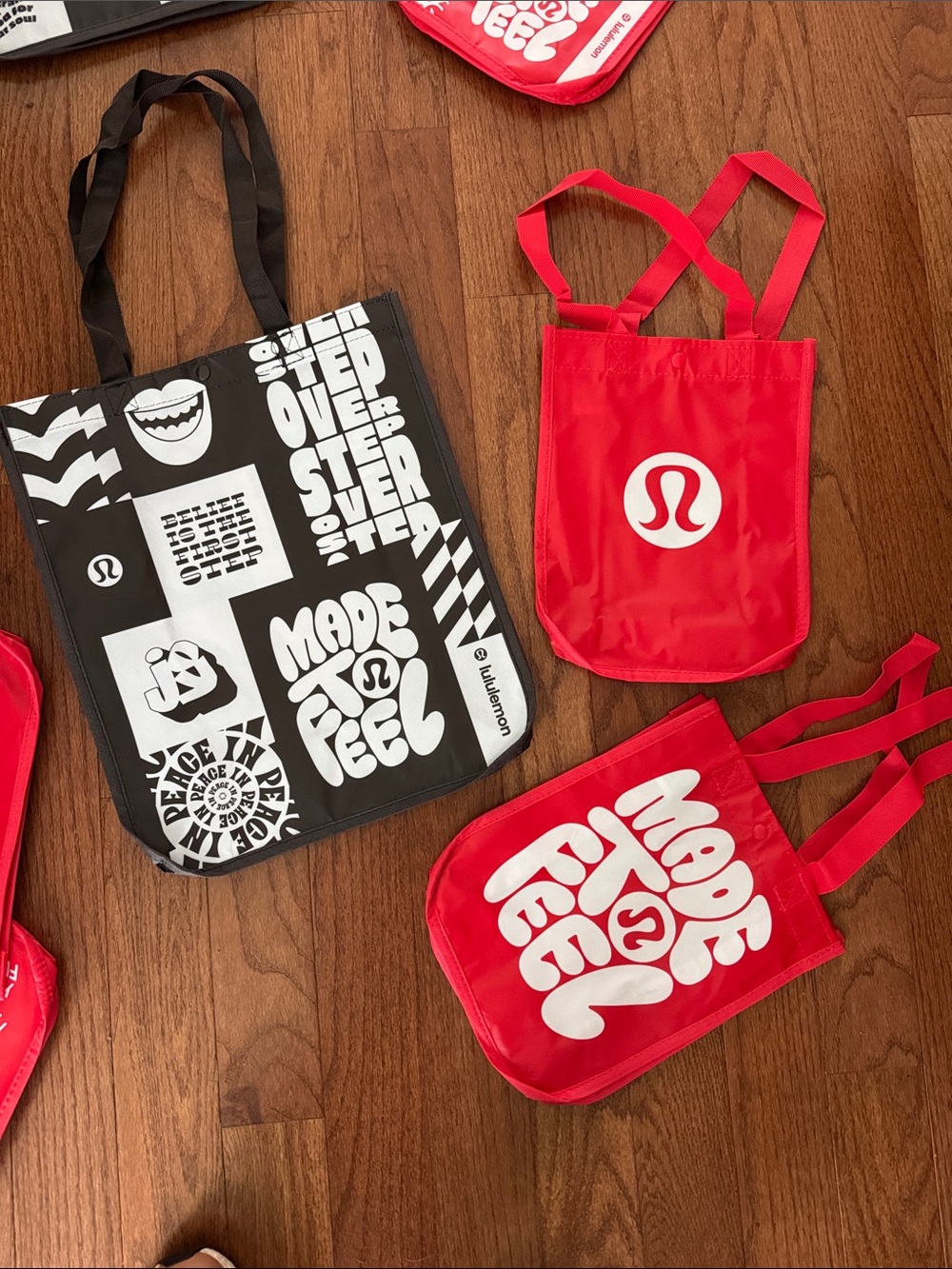Lululemon Red 'Made to Feel' Tote + Black Graphic Reusable Bag set of 3